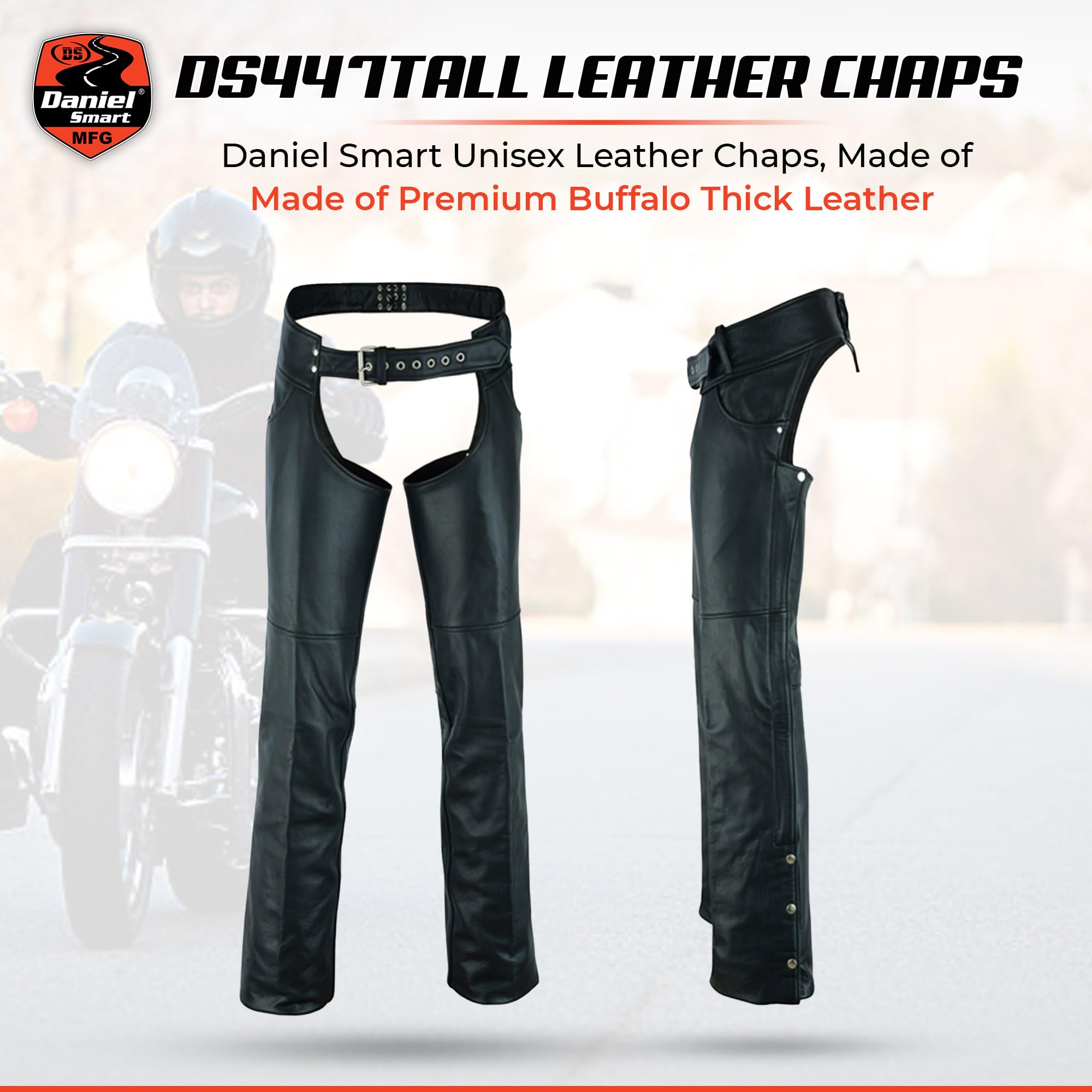 Daniel Smart Motorcycle Leather Chaps – All Season Unisex Biker Pant with Customizable fit and Jean Style Pockets (Medium-Tall) Black