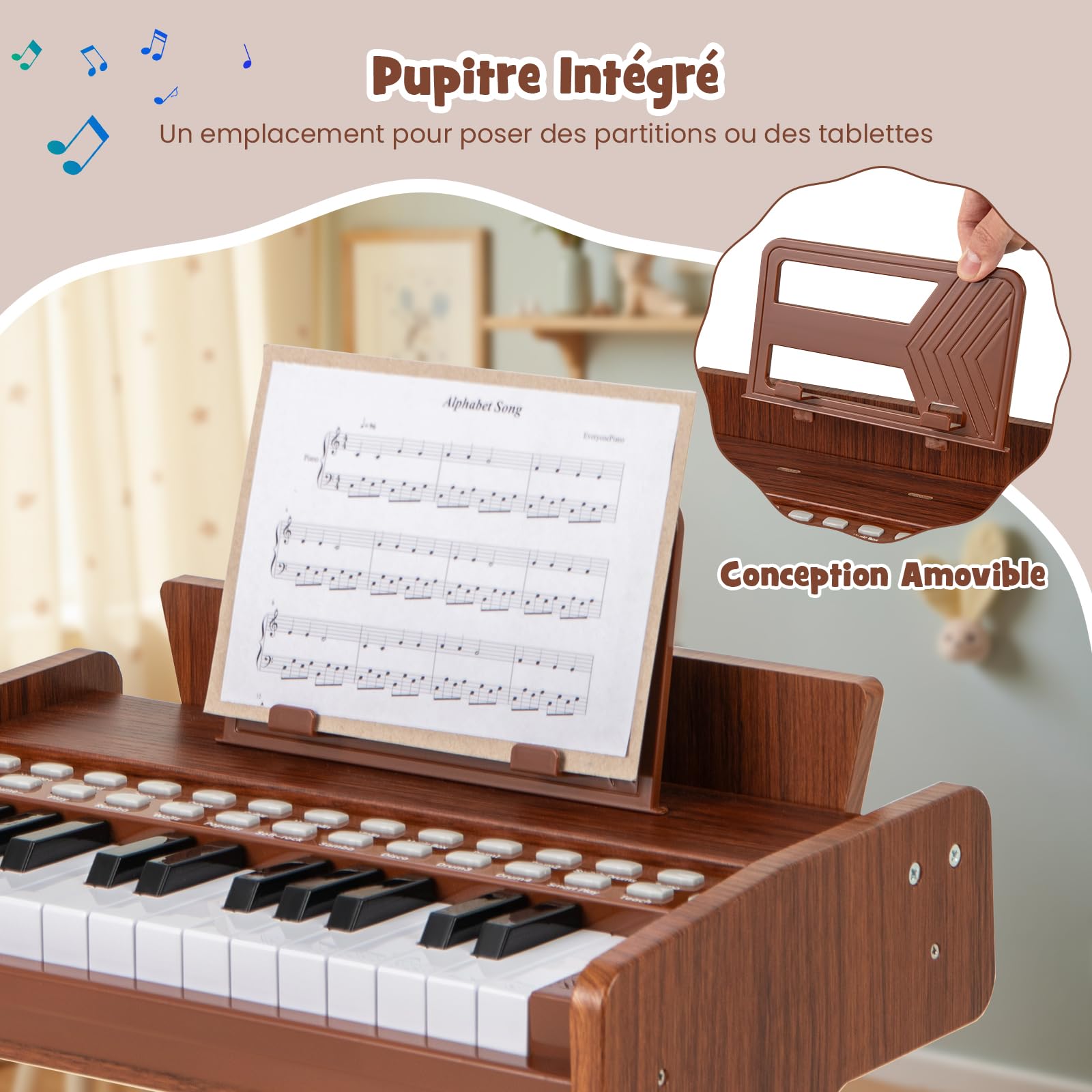 DREAMADE Clavier 25 Touches, Piano Électrique pour Enfants avec 15 Démos, 6 Tonalités et 8 Percussions, Enseignement Guidé par Lumière avec Pupitre Amovible (Marron)