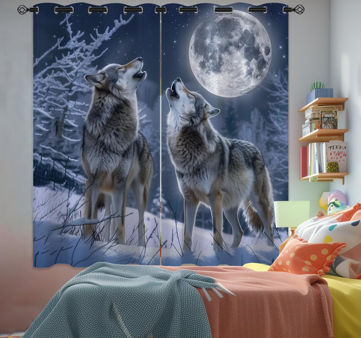 Naiice Wolf Blackout Curtains for Girls Boys Kids Teens Home Decor, The Wolf Howls Moon Night Snow Grommet Thermal Insulated Drapes Darkening Window Curtain for Bedroom Living Room, 63 x 63 Inch