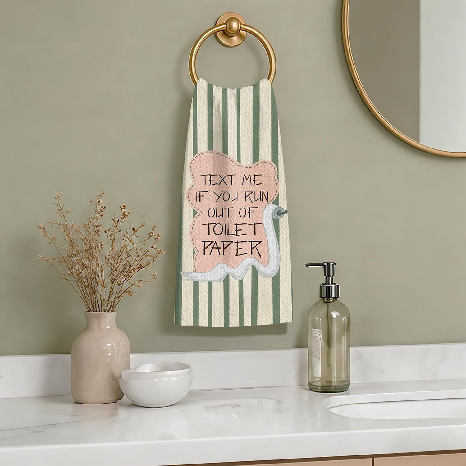 Pink and Green Bathroom Decor Hand Towels, Text Me If You Run Out of Toilet Paper Funny Striped Decorative Hand Towels for Bathroom Washroom Restroom, 16x24 Inch image 5