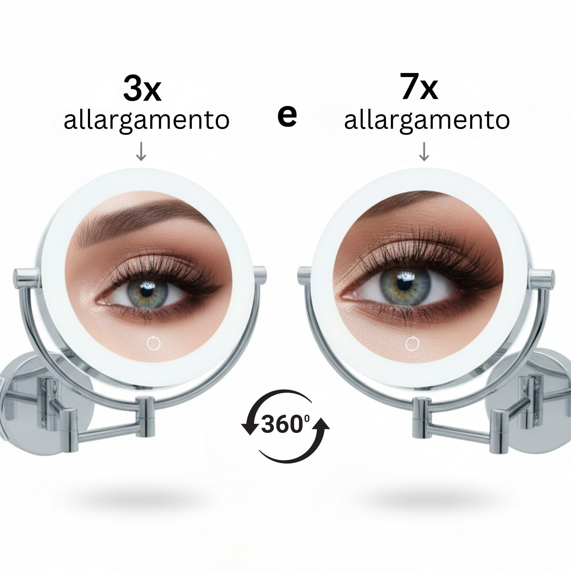 Tokio Specchio Trucco Ingranditore XXL da Parete a LED – Ingrandimento 3x/7x con Dimmer e Auto-Off – Braccio Estensibile Ø 18,5 cm – Alimentazione a Batteria o Cavo USB