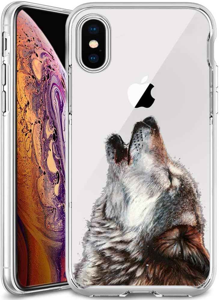 Clear Phone Case Compatible iPhone Xs Max Customized Howling Wolf Design by MERVELLE TPU Clear Shock-Proof Protective Case [Ultra Slim, Anti-Slippery]