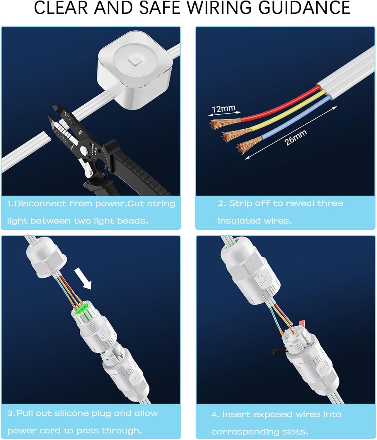 Waterproof 3-Pin Wire Connectors for Govee Permanent Outdoor Light,IP68 Weatherproof Electrical Connectors for Halloween,Christmas,Everyday and Seasonal Decor,2-Pack Set for Male & Female Connectors