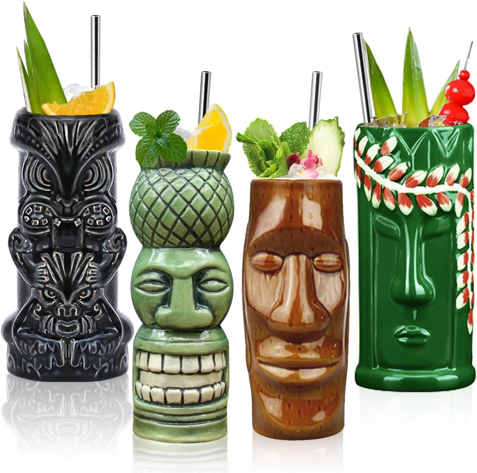 LINALL Tiki Mugs Cocktail Set of 4 - Large Ceramic Hawaiian Party Mugs Drinkware, Cute Exotic Cocktail Glasses, Tiki Bar Professional Hawaiian Party Barware, TKSET0012 (4 pack)