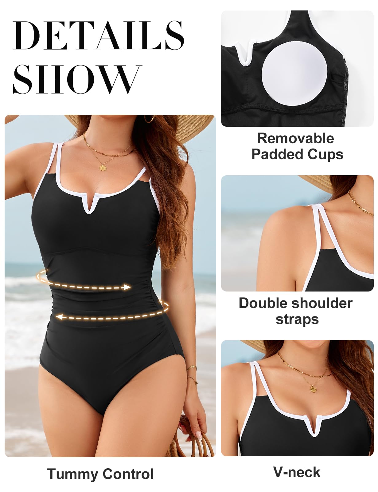 Nadeer Bañador Mujer Reductor Push Up Traje de Baño de Una Pieza Cuello en V Control de Barriga Swimwear Vientre Plano Swimsuit para Piscinas de Playa