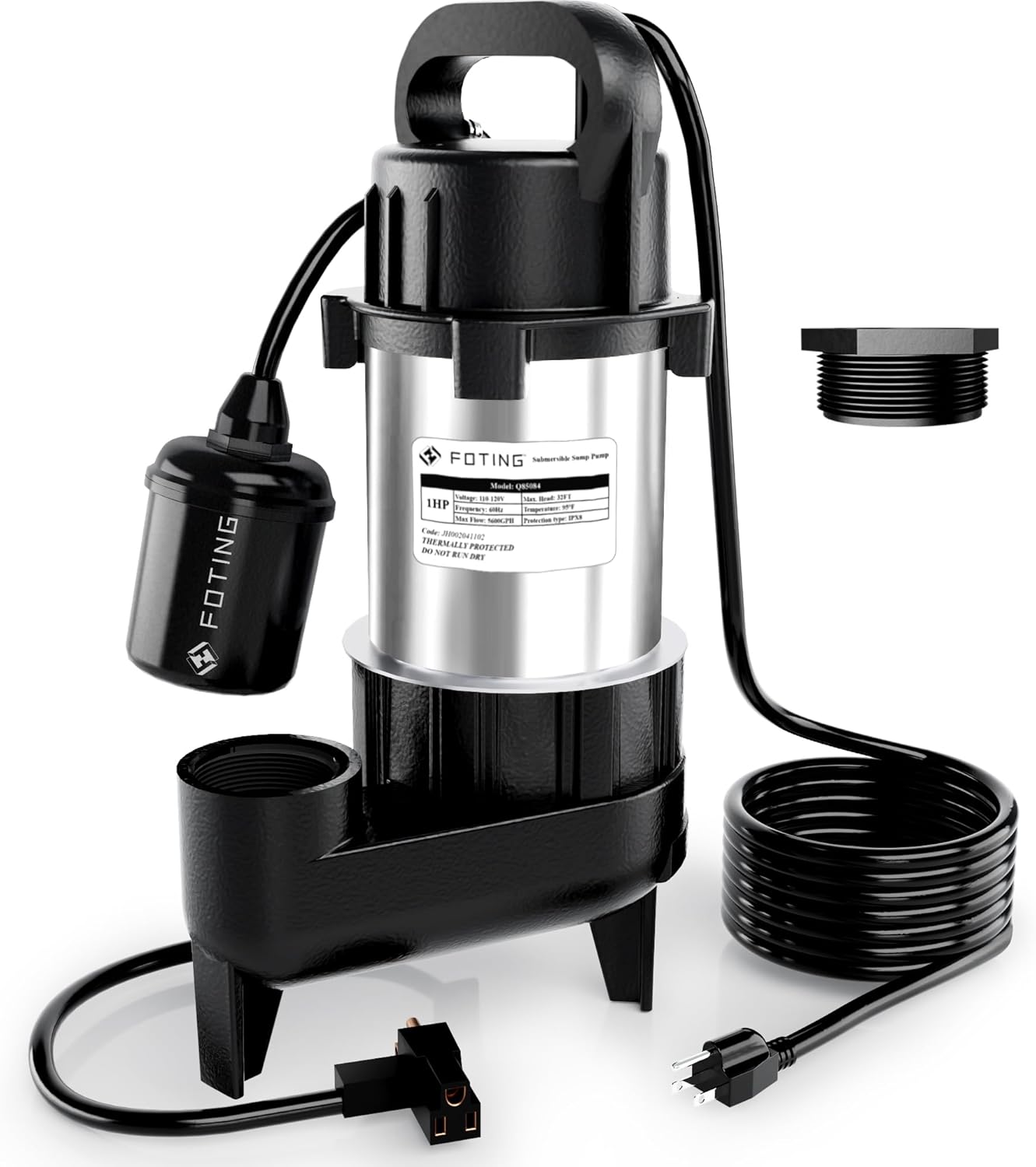 FOTING Sump Pump with 75FT Pool Backwash Hose 1-1/2 lN, 1Hp clean/Dirty submersible Water Pump, 5600GPH Utility Pump