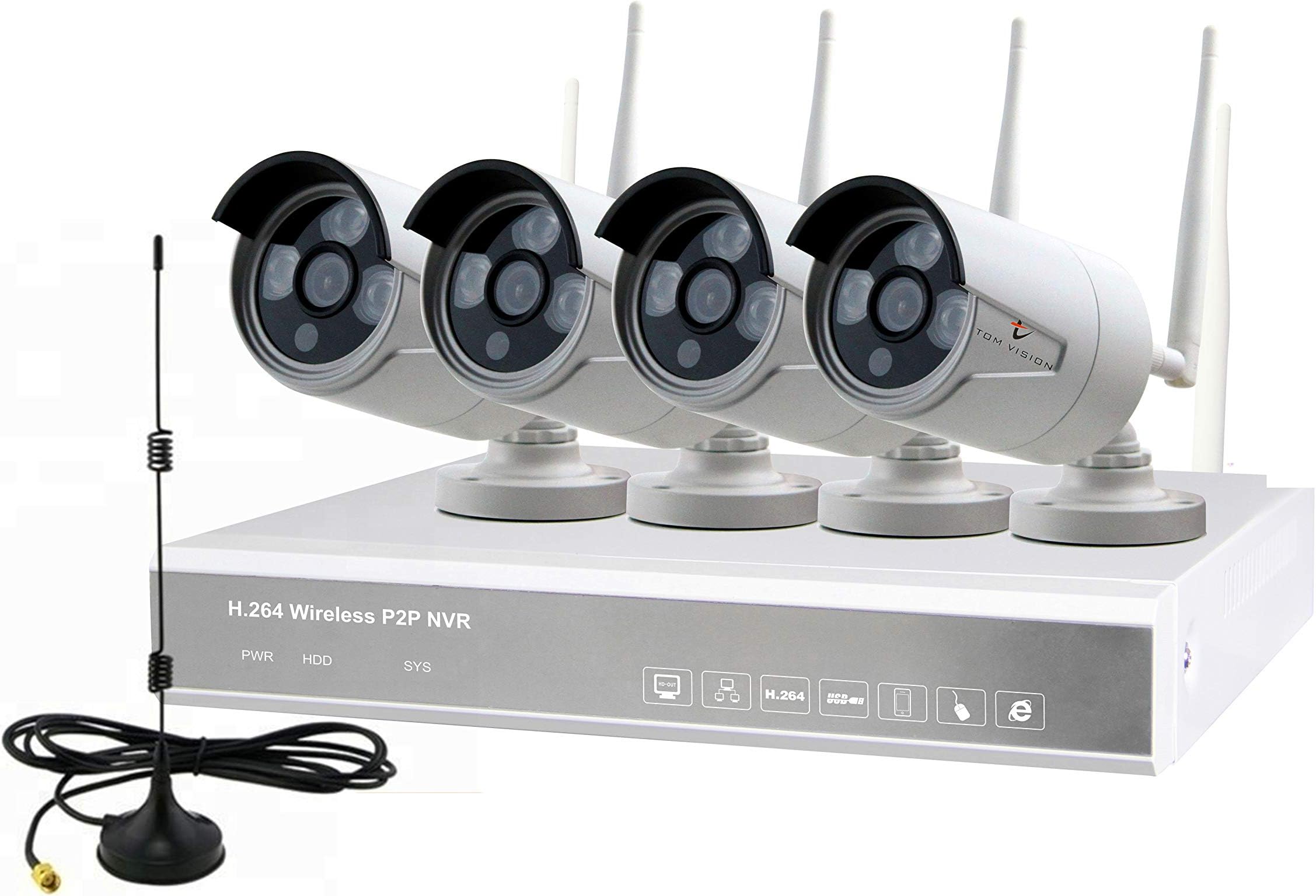 Tomvision Wireless CCTV Security House Camera System 4CH NVR Kits 1080P + 4 Pack1080P 2.0MP HD Antenna IP Network WiFi Camera Night Vision Remote Access Motion Detection(Not HDD) (White)