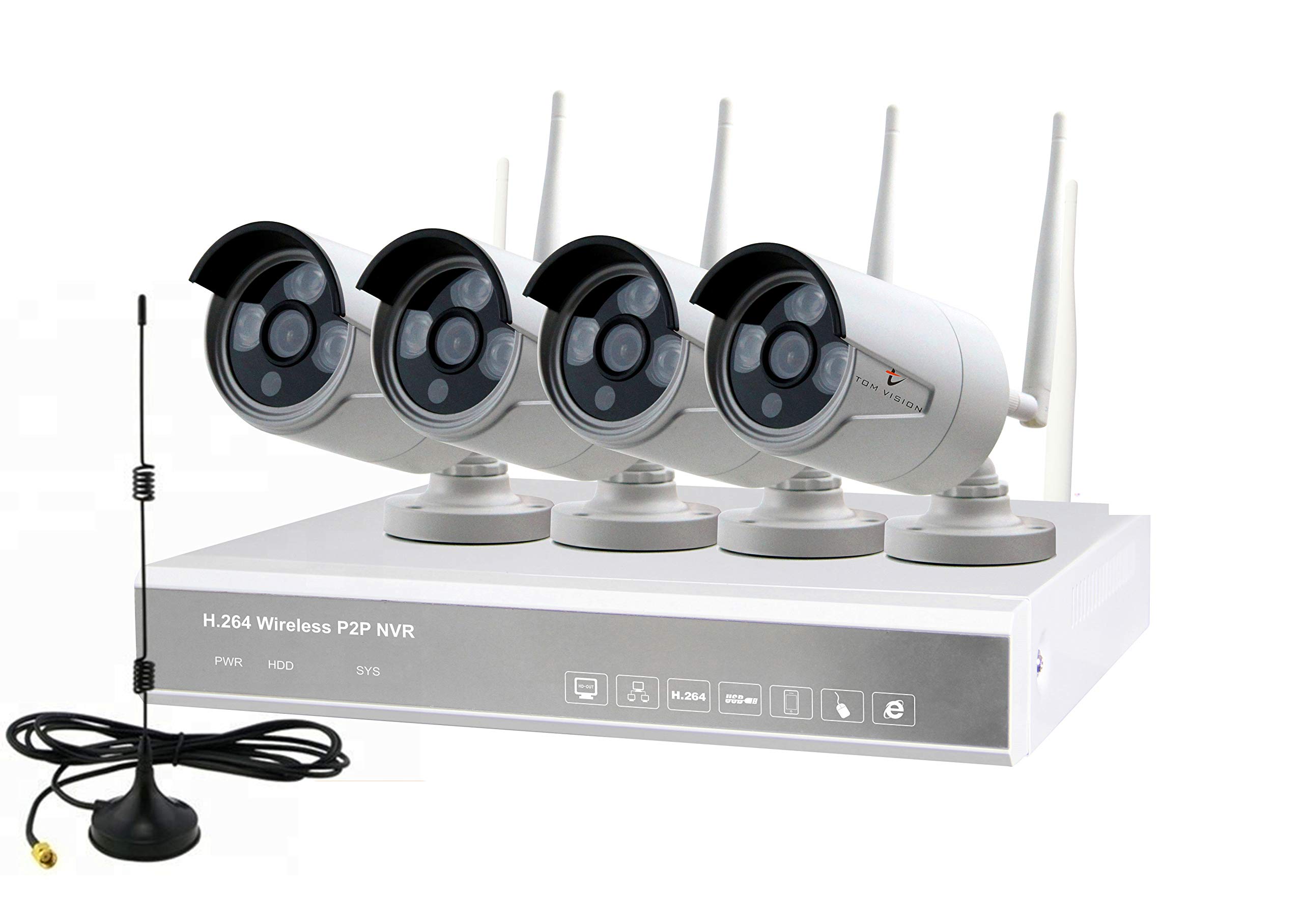 Tomvision Wireless CCTV Security House Camera System 4CH NVR Kits 1080P + 4 Pack1080P 2.0MP HD Antenna IP Network WiFi Camera Night Vision Remote Access Motion Detection(Not HDD) (White)