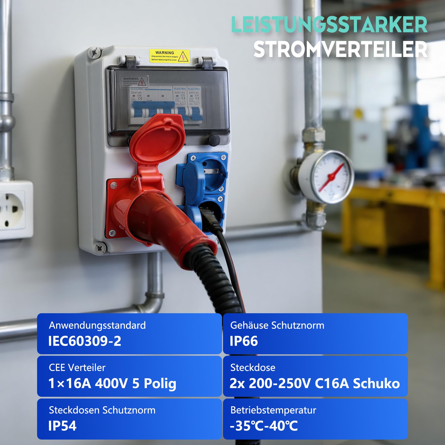 VAYALT Distributore di Corrente da Parete 16A, IP66 Scocca Impermeabile, 2 x Schuko 230V + CEE 400V 5 Poli, con Interruttore di Protezione LS, Resistente per Cantiere, Fabbrica e Settore Edile