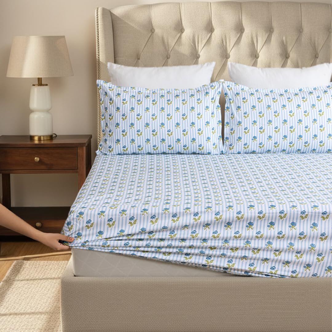 HOMEMONDE Blue Feather Fitted Sheet - King Size -6