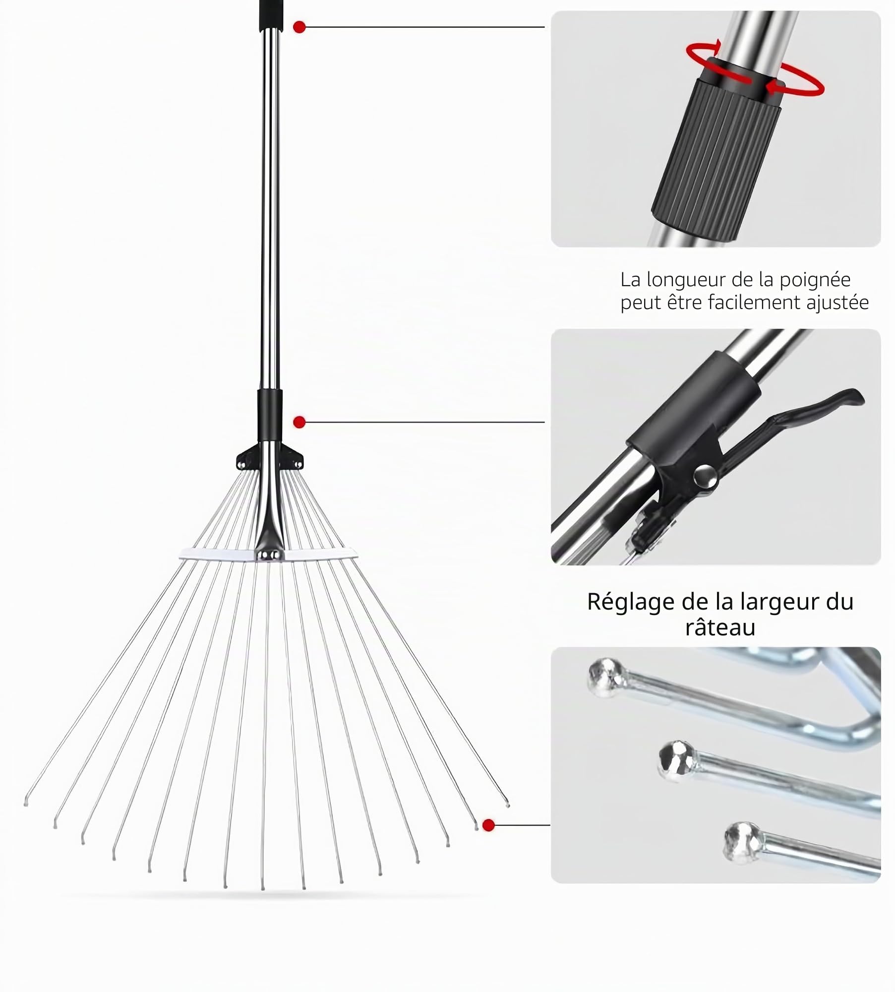 Râteau de jardin pour feuilles, râteau à feuilles réglable en métal robuste pour pelouse, long manche de 85 à 175 cm avec tête extensible de 17 à 37 cm, outils de jardin pour cour, pelouse, arbustes