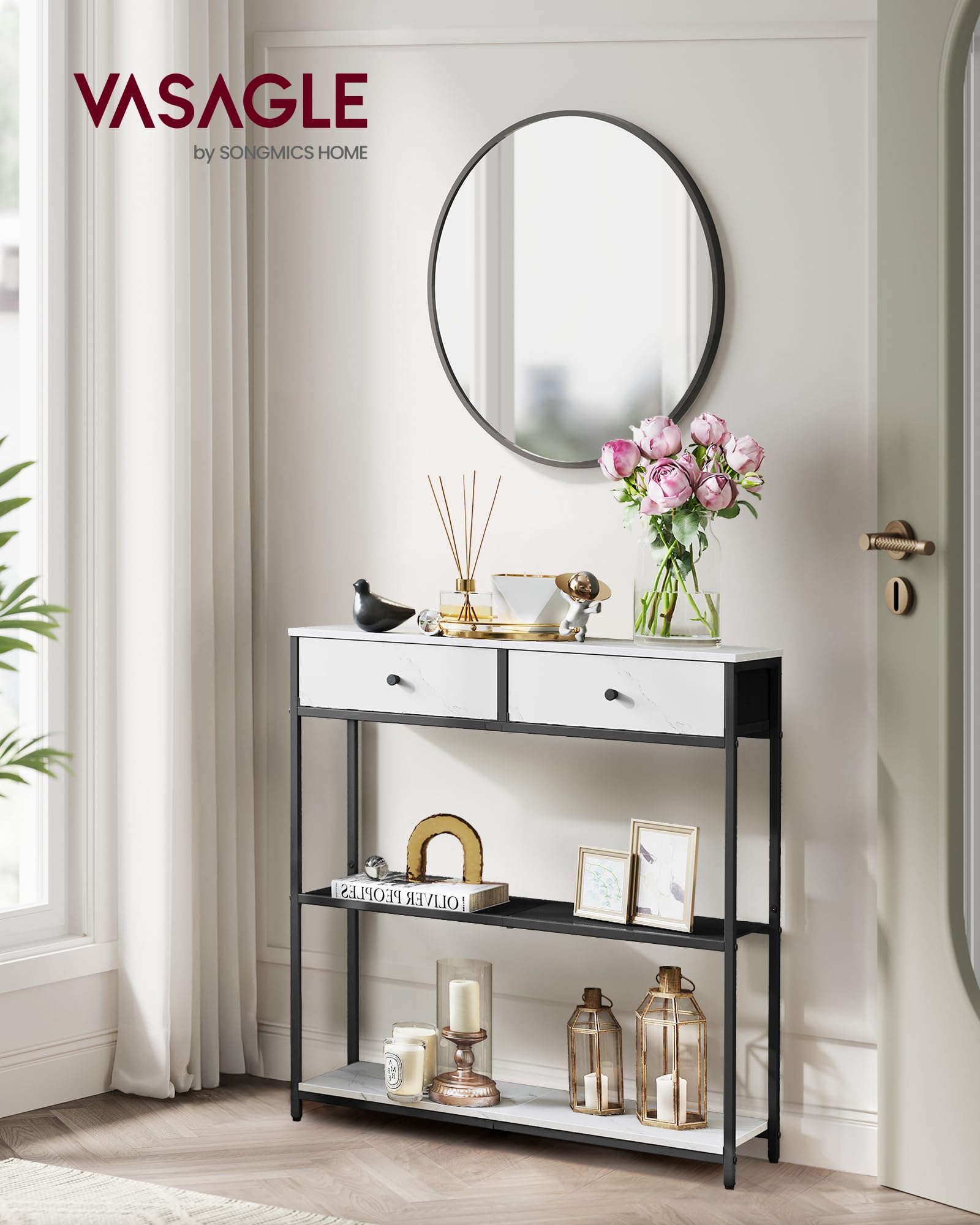 VASAGLE Tavolo Consolle Stretto, Tavolo da Ingresso con 2 Cassetti in Tessuto, Tavolino da Divano a 3 Livelli, 24 x 76 x 80 cm, per Ingresso, Soggiorno, Bianco Marmo e Nero Inchiostro LNT092W01