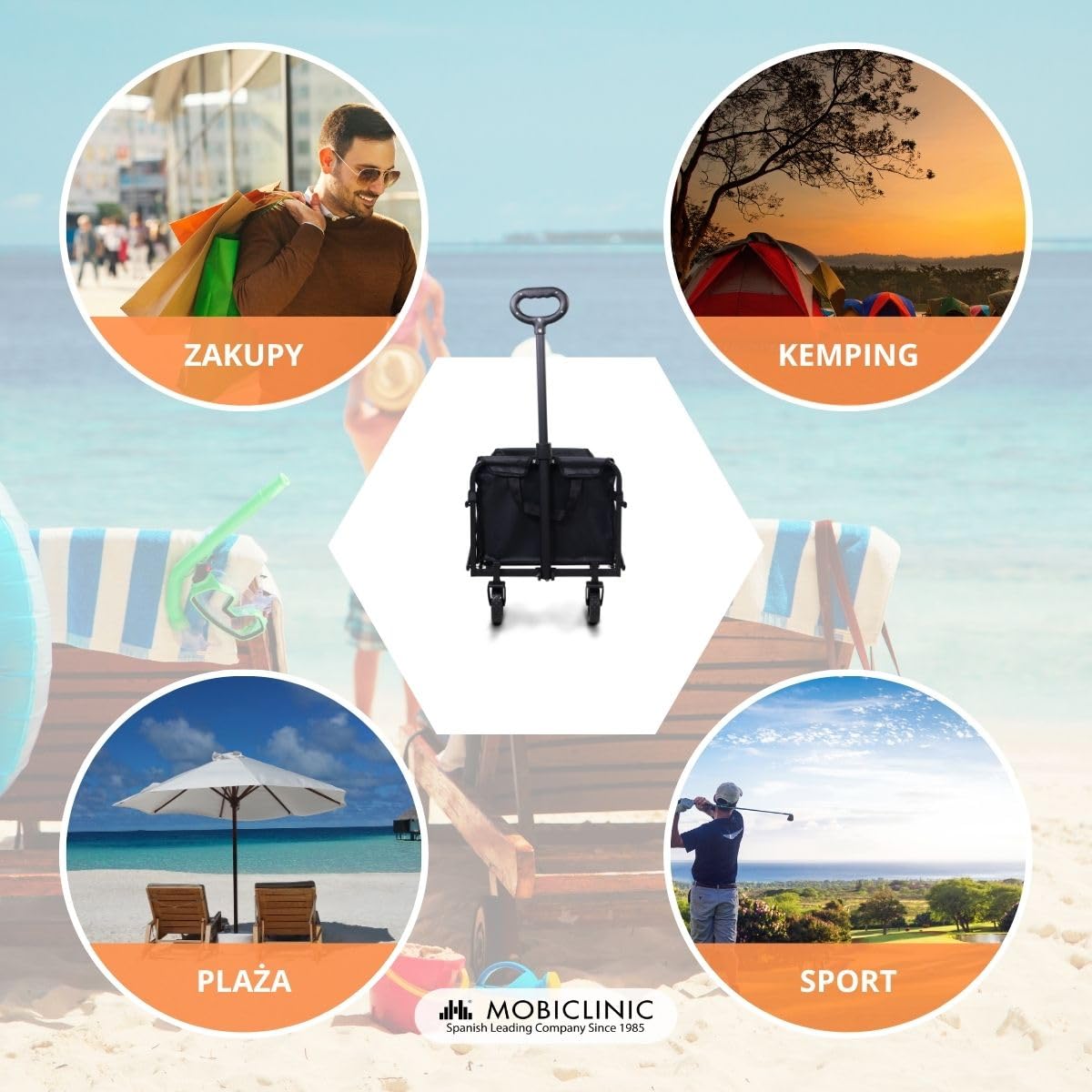 Mobiclinic®, Składany wózek transportowy, Na plażę i do ogrodu, Duna basic, Regulowana rączka, 360º terenowe koł, Nośność 80 kg, 71x47x50cm, Wodoodporny, Stal, Pcv, Czarny