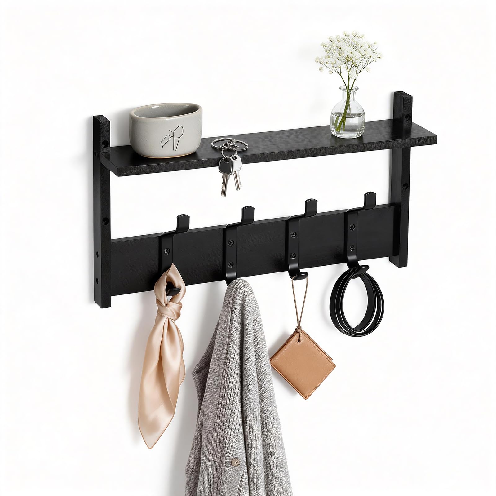 Photo 1 of PEKER Coat Rack Wall Mount with Shelf, Solid Wood Entryway Organizer with 4 Metal Hooks, Wall-Mounted Organizer for Entryway, Bathroom, Bedroom & Kitchen, Hanging Rack for Coats, Hats, Bags & Towels