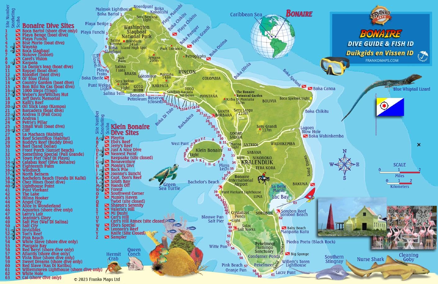 Franko Laminated Maps - Fish ID and Maps - Bonaire Scuba Dive Diving Diver Snorkel Snorkeling Map Guide Traveling Travel