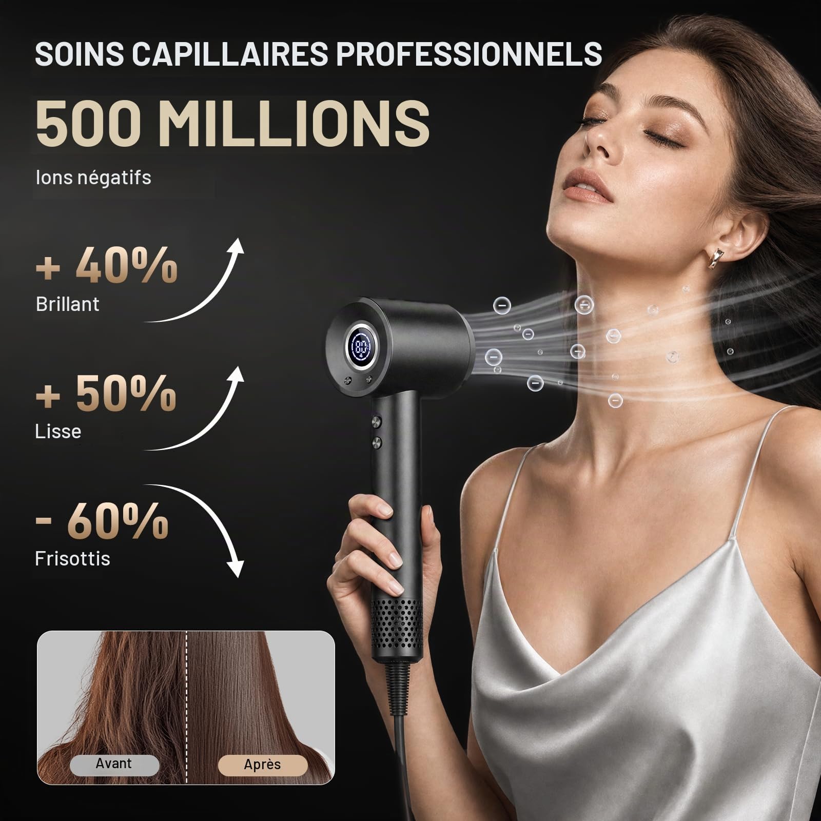 Sèche-cheveux Ionique Haute Vitesse – 180 000 tr/min, Seche Cheveux Professionnel 500 Millions d'ions Négatifs, 4 Température 3 Vitesse, Écran LED + Régulation NTC, Diffuseur et Buse inclus