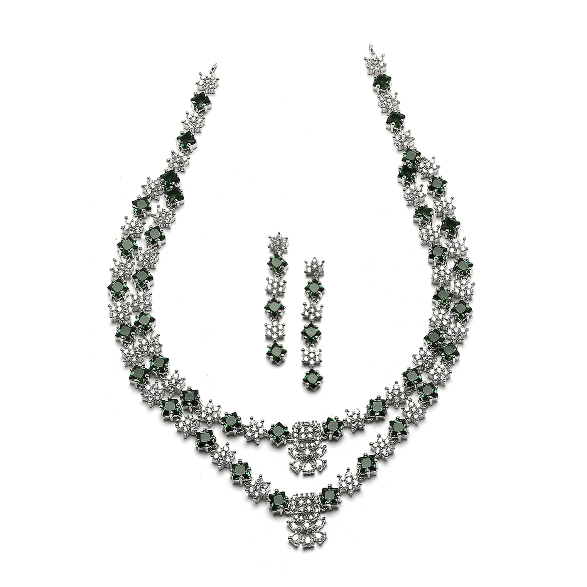 ZENEME Rhodium-Plated American Diamond Studded Star Shaped Layered Necklace With Earrings Jewellery Set For Girls and Women (Green) (B0CGRPLTFD) Amazon Price History, Amazon Price Tracker