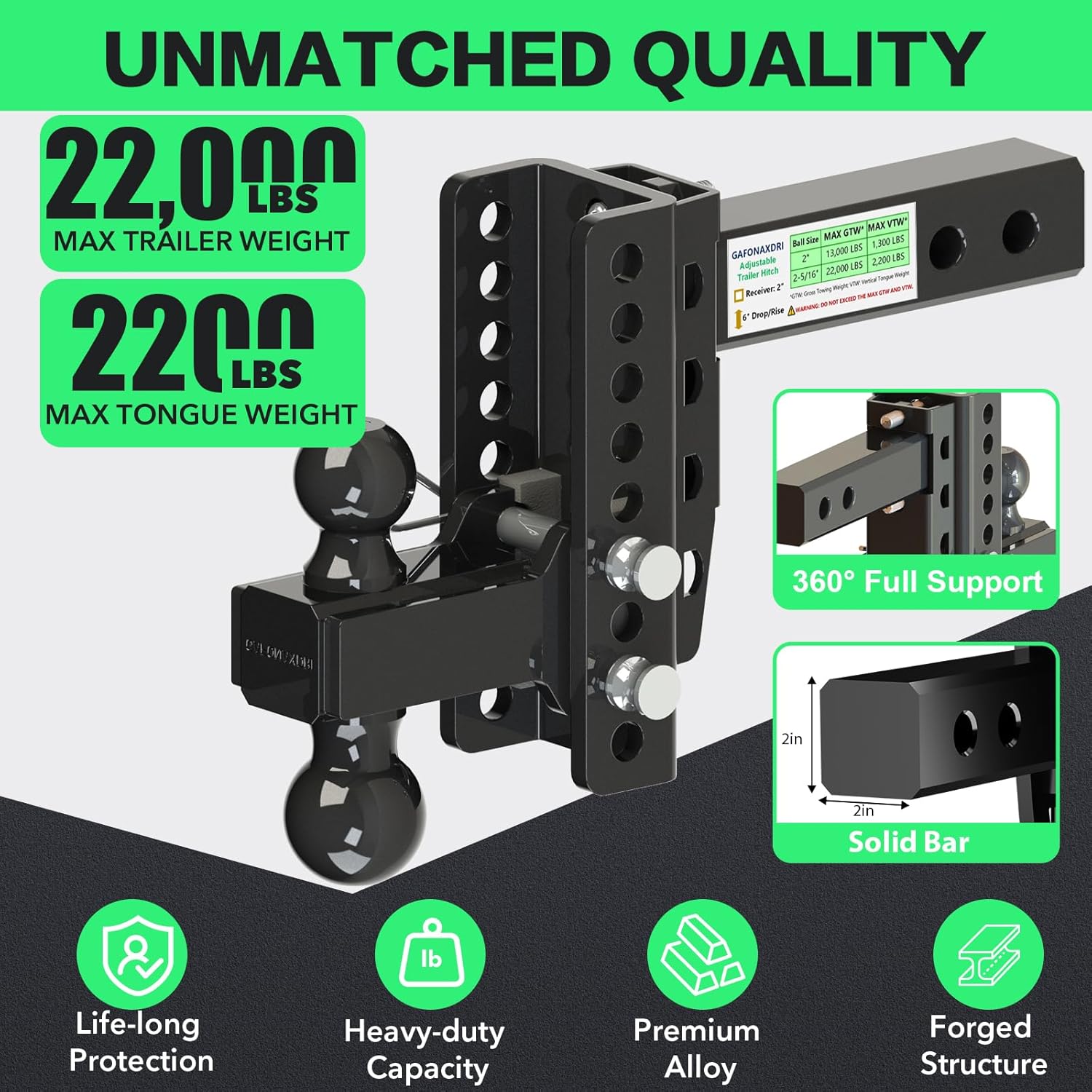 Adjustable Trailer Hitch For 2 Inch Receiver, Dual Ball 2'' & 2-5/16'' with 22,000 LBS Max GTW, 6'' Drop/Rise Tow Hitches, Premium Manganese Steel, Bulletproof Locking Pin, Anti Rust, Anti Rattle (6")