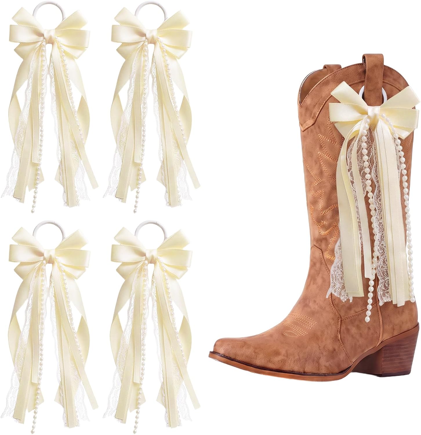 4 Pcs Champagne Pearls Ribbon Boot Bows for Cowgirl Boots, Removable Lace Bow Clip Shoe Accessories for Women DIY Party Decor