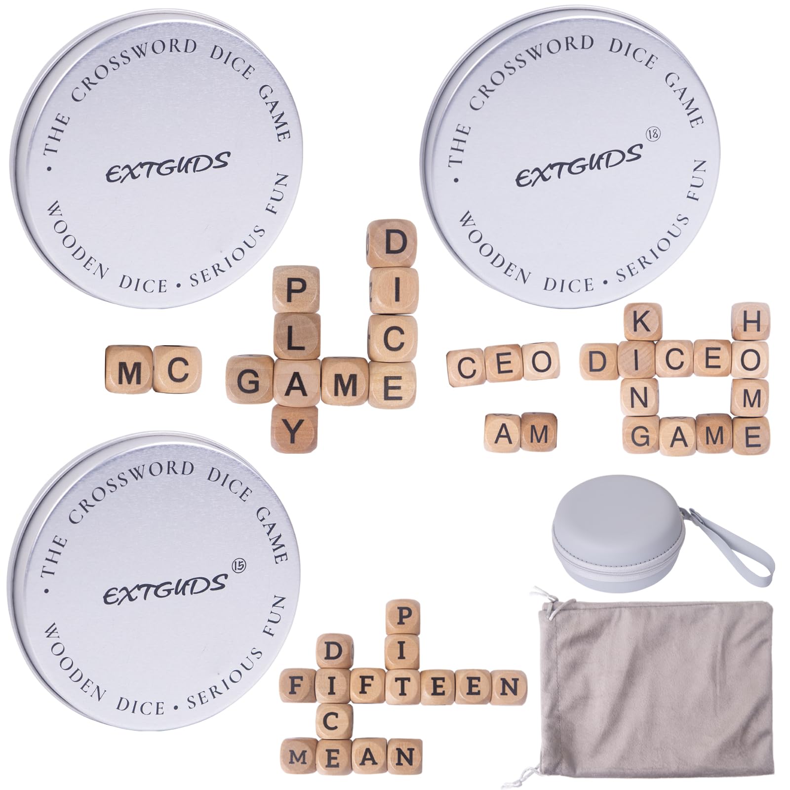Wooden Letter Dice Word Game Set – 3-Set (12, 15 &amp; 18), Crossword Word Game for Adults, Spelling Game with Storage Bag &amp; Travel Carry Pouch