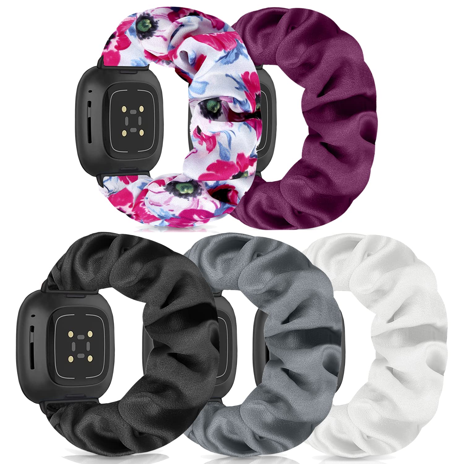 Scrunchie Watch Bands for Women Compatible with Fitbit Sense/Versa 3 Elastic Scrunchy Replacement Band Soft Stretchy Band For Fitbit Versa 3 /Sense(5 Pack D,L-Size)