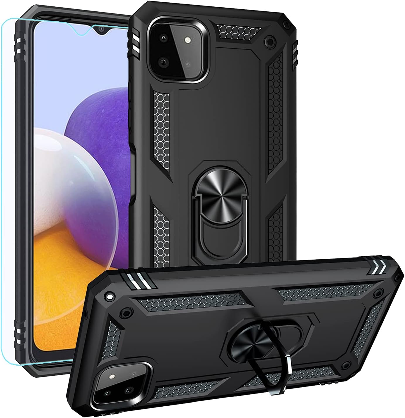 Samsung A22 5G Case,Galaxy A22 5G Case, Military Grade Heavy Duty Protection Phone Case Cover with HD Screen Protector Magnetic Ring Kickstand for Samsung Galaxy A22 5G (Black Military Case)