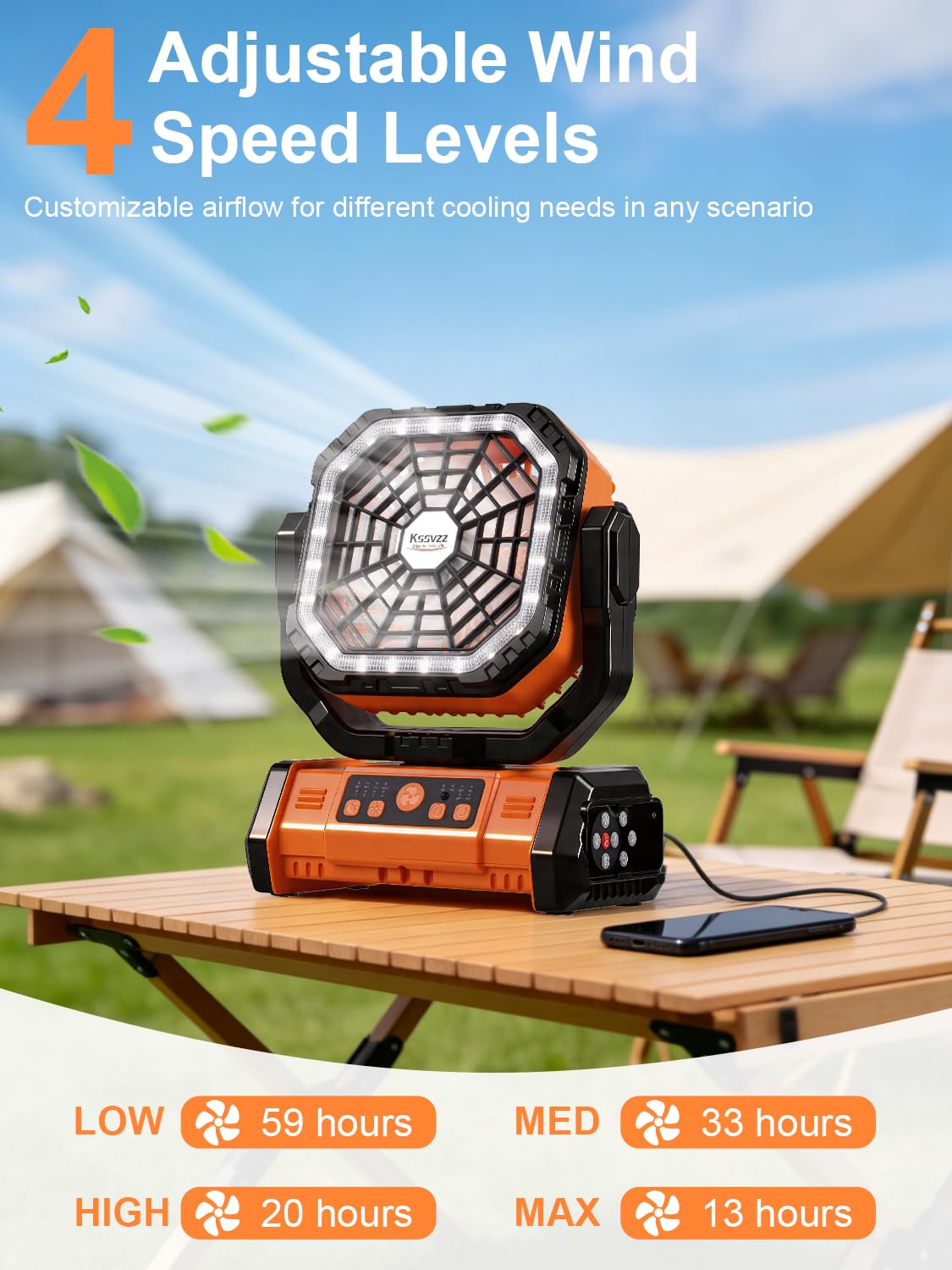 Kssvzz Ventilateur Camping 30000 mAh avec LED, Ventilateur Portable Rechargeable à 4 Vitesses avec Télécommande et Crochet, Ventilateur de Table USB avec Minuterie, Idéal pour Voyages,Barbecue, Pêche