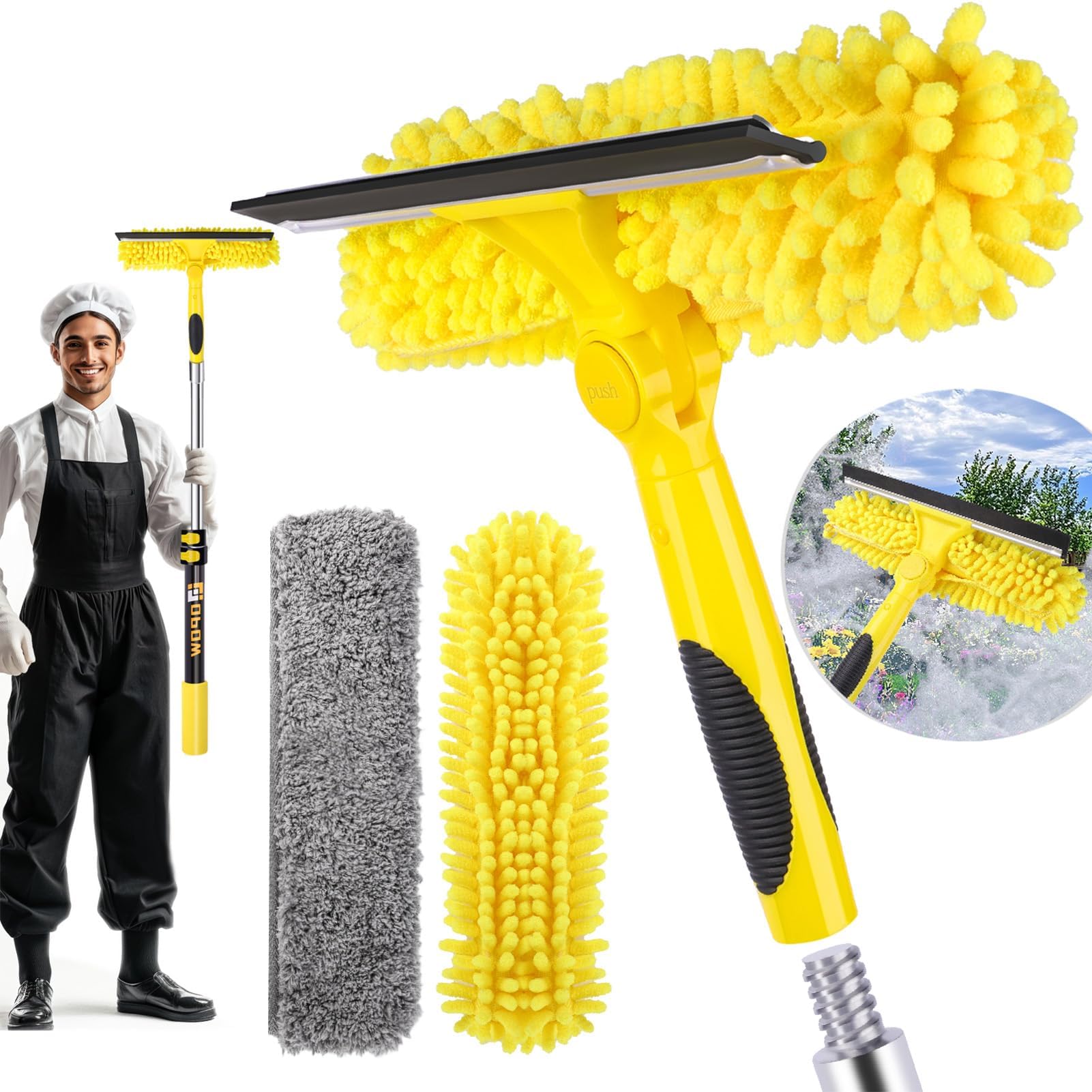 Opow Professional Window Squeegee with Telescoping Extension Pole, 2 in 1 Shower Cleaning with Telescopic Pole, 36'' Extension Washing Tools with Rotating Head for Indoor/Outdoor High Window Glass