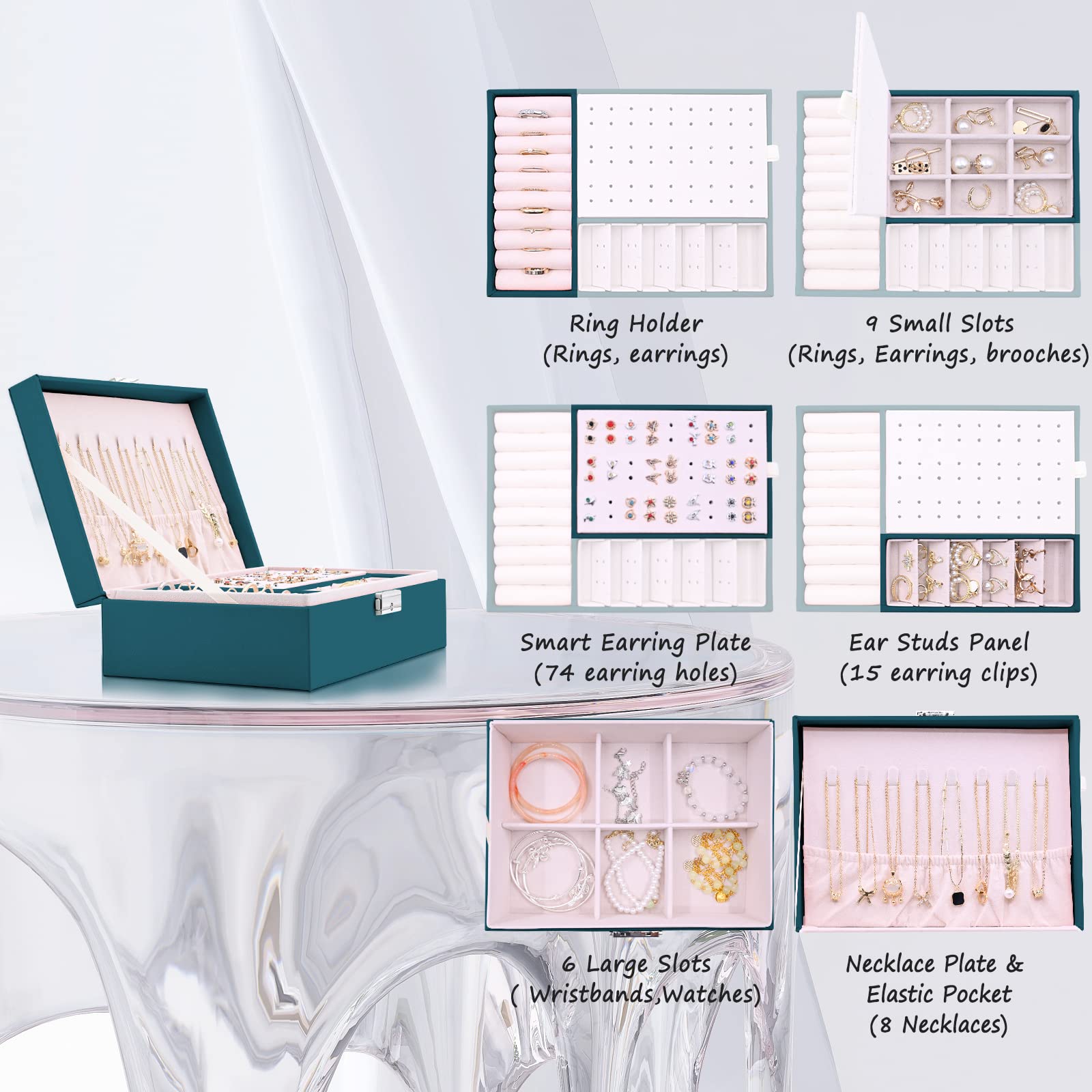 Sciphylia Porta Gioielli Donna 2 Strati Grande Portagioie Donna con Vassoio Rimovibile Impermeabile Pelle Pu Portagioie da Viaggio con Serratura Ragazza per Anelli Orecchini Collane Bracciali, Verde