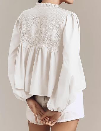 Womens Lace Detail Flared Long Sleeve Blouse Lace Poplin Mesh Crew Neck Shirts Ruffle Swing Elegant Babydoll Tops