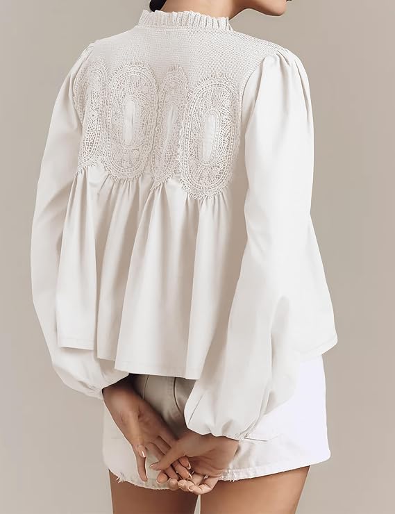 Womens Lace Detail Flared Long Sleeve Blouse Lace Poplin Mesh Crew Neck Shirts Ruffle Swing Elegant Babydoll Tops