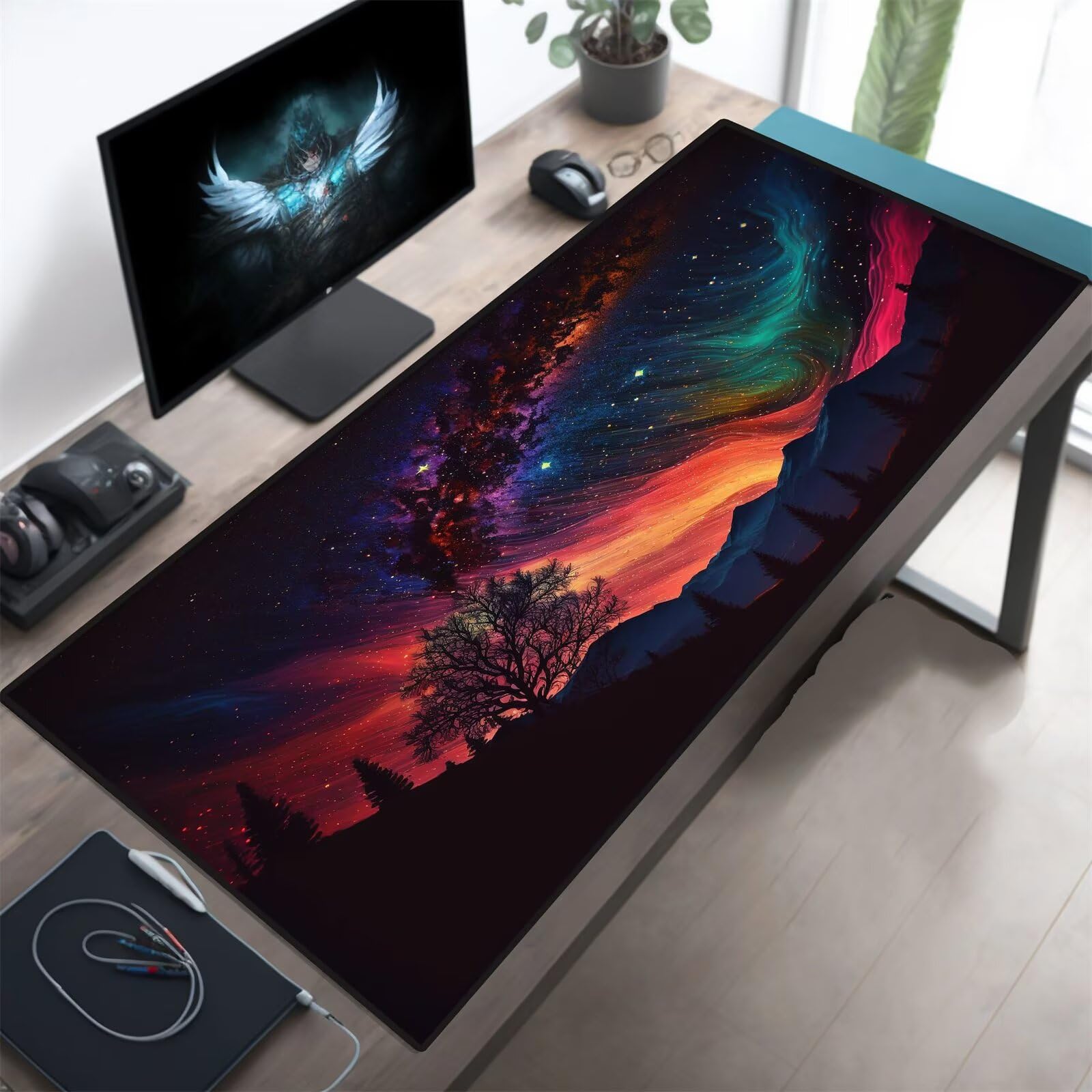 Grand Tapis de Souris XXL Arbre Ciel Étoilé 900 x 400 x 3mm, Tapis de Bureau Gamer avec Bords Cousus et Base Antidérapante pour Haute Précision et Vitesse