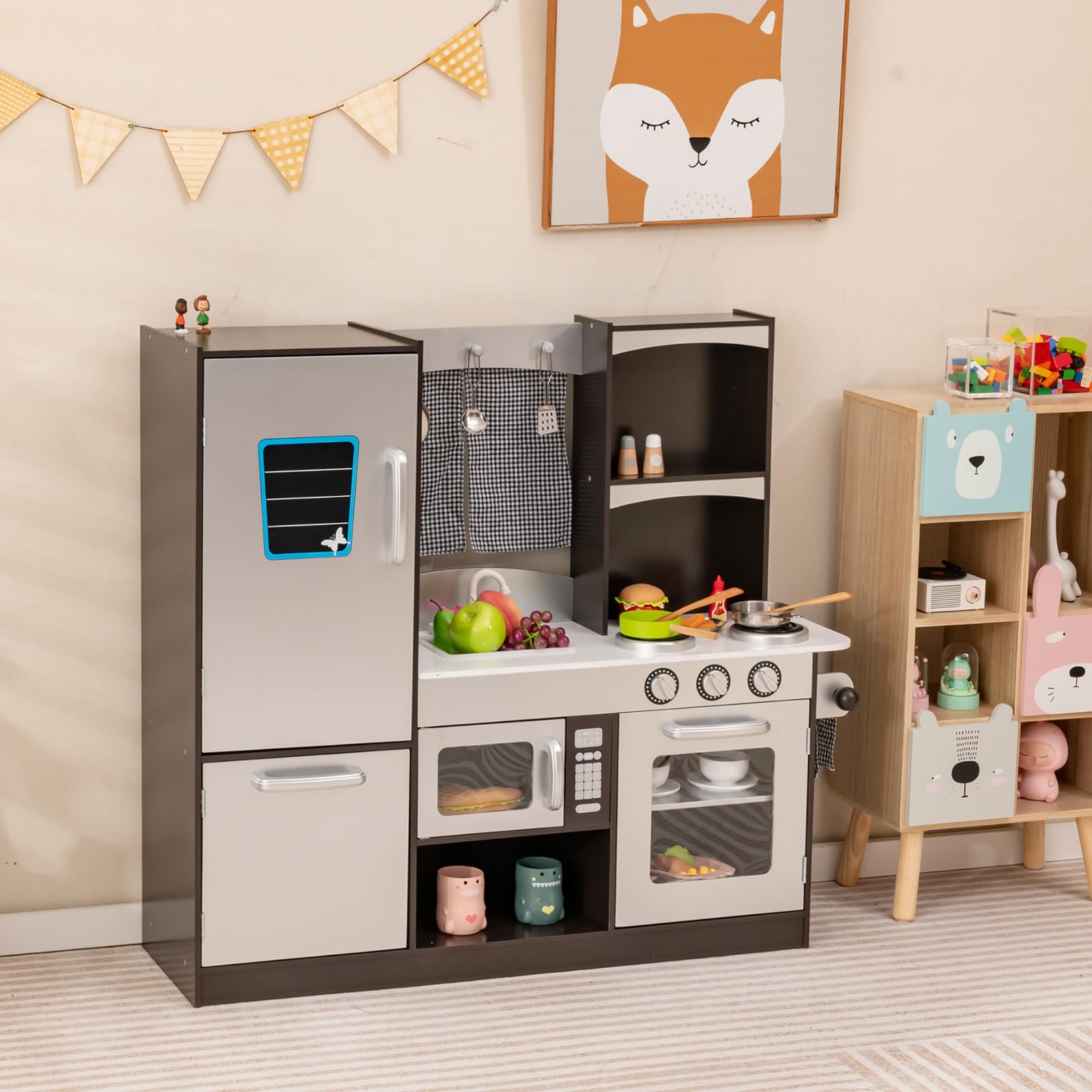 DREAMADE Moderne Kinderküche mit Spüle Herd Backofen Kühlschrank Mikrowelle, Kinderspielküche, Spielküche aus Holz für Kinder ab 3 Jahren kaffeebraun