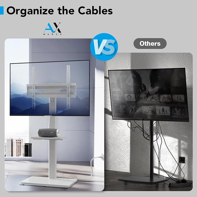 AX WABER Floor TV Stand with Power Outlet& Shelf, Universal TV Stand Mount for 27-65 inch TV up to 88lbs, 70 Degree Swivel 9 Level Height Adjustable with Tempered Glass Base for Bedroom, Office White image 5