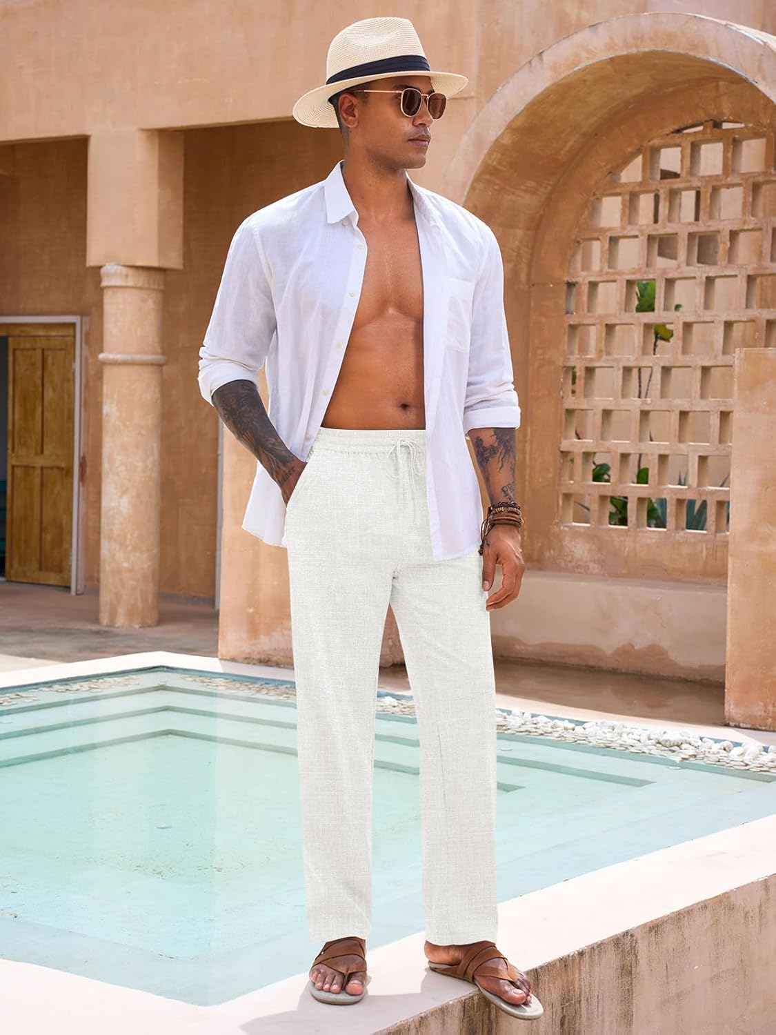 Runcati Mens Casual Pants Drawstring Elastic Waist Lightweight Linen Pants Loose Fit Straight Legs Beach Trousers - Image 4