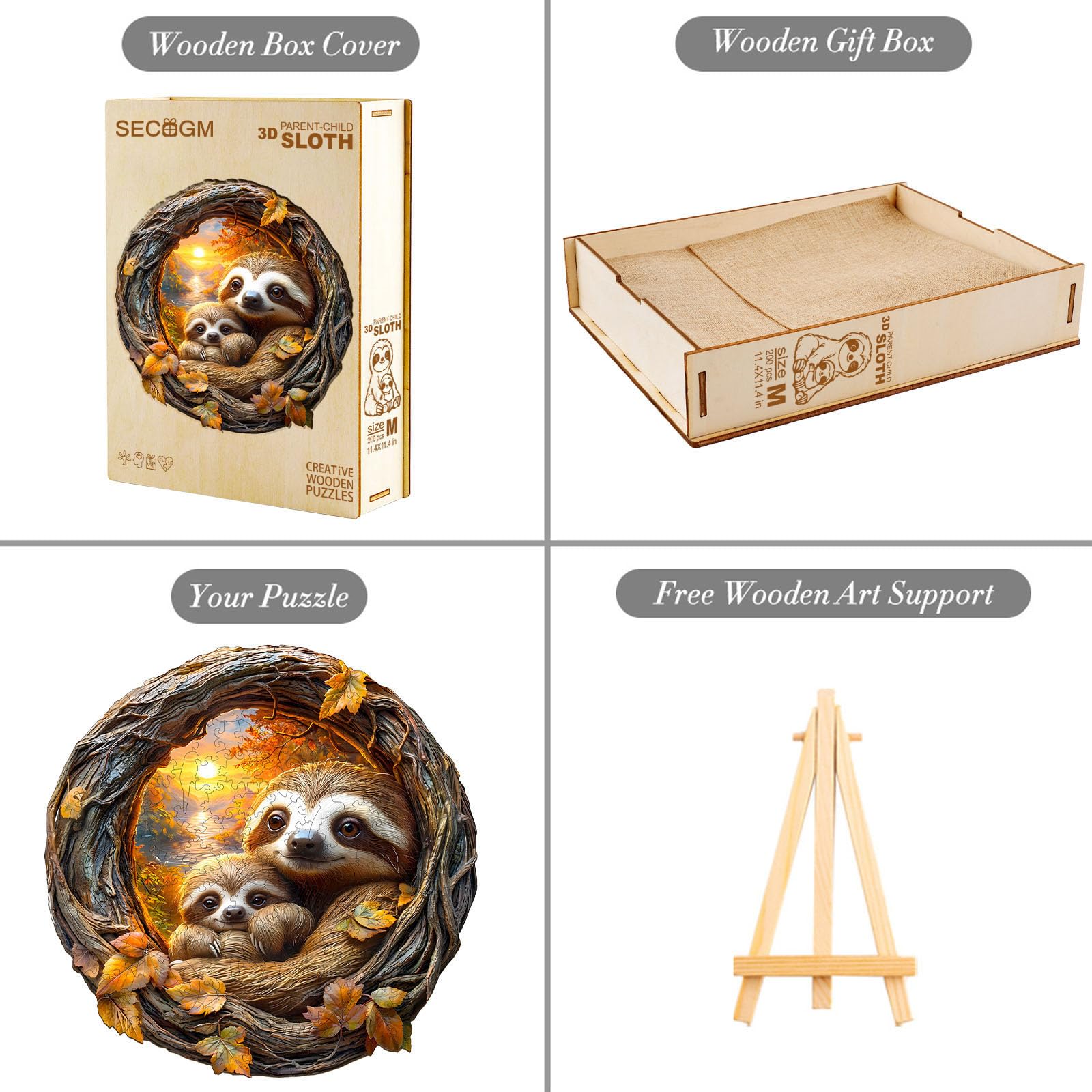 Holzpuzzle Erwachsene 300 Teile 3D Faultier 34x34cm Unregelmäßige Form Premium Geschenkbox
