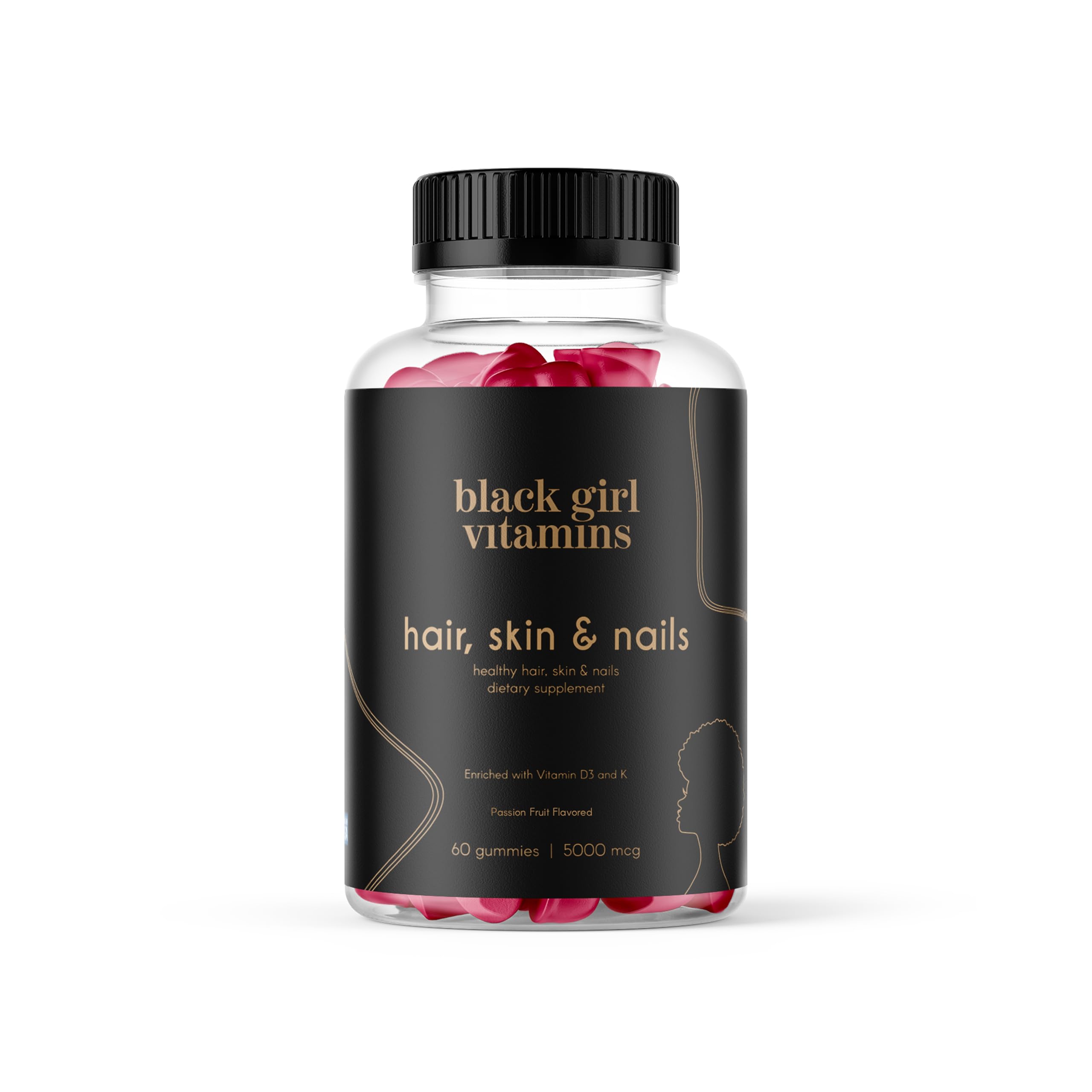 Gomitas Black Girl Vitamins para el cabello, la piel y las uñas con biotina, 6000 mcg de zinc, sin gelatina, vitaminas A y E, sin gluten, hechas en EE. UU., maracuyá, 60 unidades, suministro para 30 días