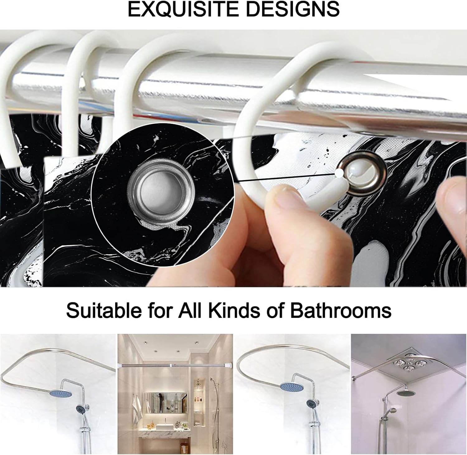 Lnond 4Pcs Marble Bathroom Sets with Shower Curtain and Rugs, Black Marble Modern Art Bathroom Shower Curtain Sets with Rugs and Accessories