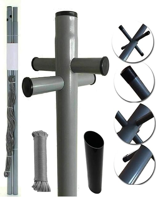 AQS INTERNATIONAL - Galvanised Clothes Post Line Airer with Socket - Washing Line Pole, Post 30M PVC Laundry, Dryer, H 2.4 M/8ft