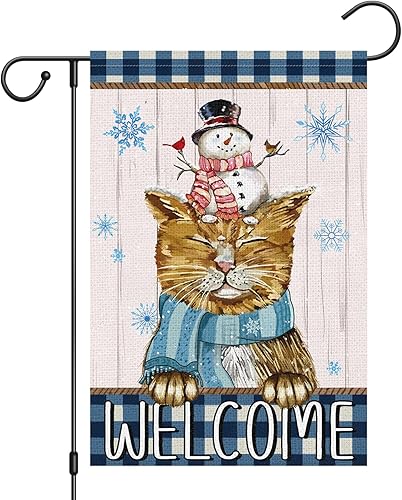 Heyfibro Bandera de jardín de invierno de bienvenida, muñeco de nieve de gato, muñeco de nieve con bufanda, banderas de jardín de 12 x 18 pulgadas,