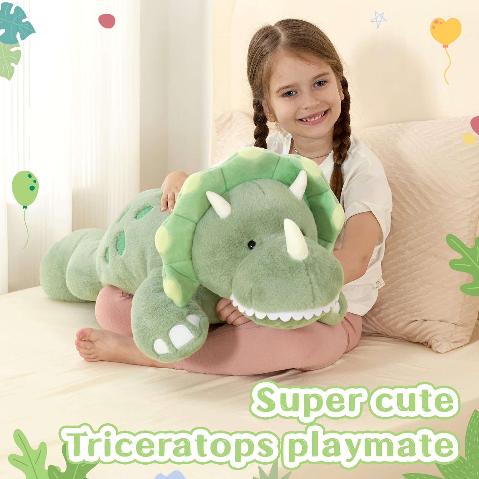 Tezituor Dinosaurier gefüllte Tiere, 81,3 cm, große grüne Dino, Triceratops, Spielzeugkissen, leuchtet im Dunkeln, zum Schlafen, Geburtstag, Valentinstag