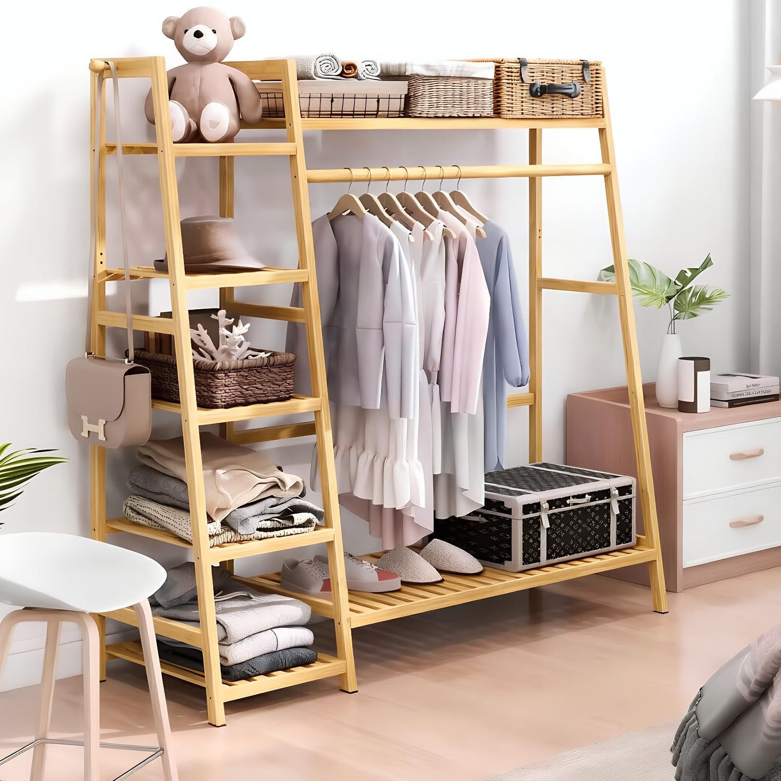 Warmiehomy Clothes Rail with Storage Shelves & Hanging Rod Wooden, Natural