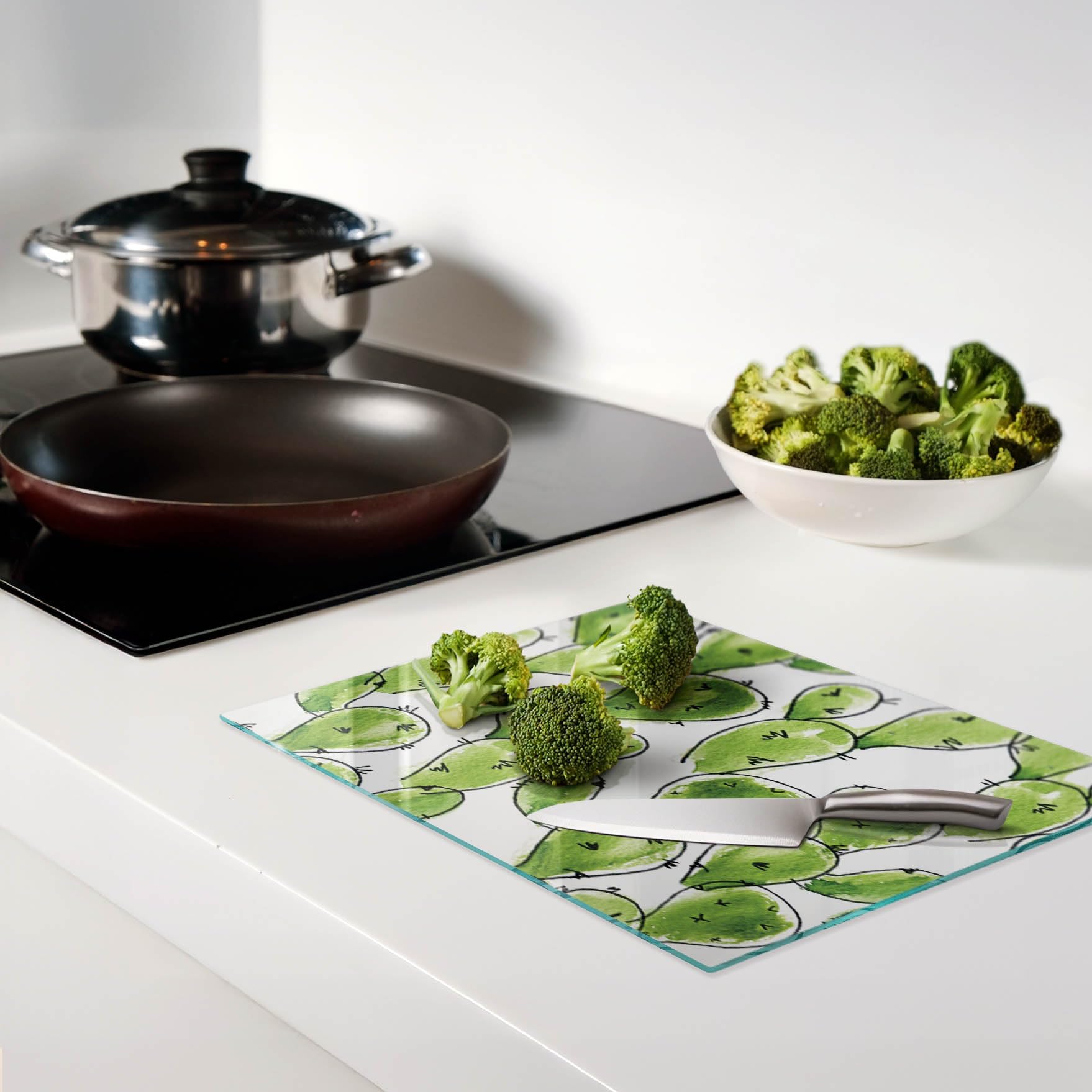 Multifunzione: Tagliere in vetro e coperchio 40x30 cm Cactus ad acquerello