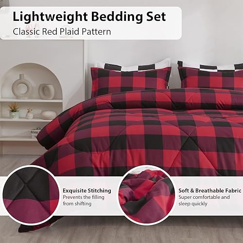 Miniatura 3 de LUCKYBULL Juego de edredón tamaño matrimonial de 3 piezas, juego de ropa de cama esponjoso a cuadros rojos, edredón alternativo a cuadros de búfalo