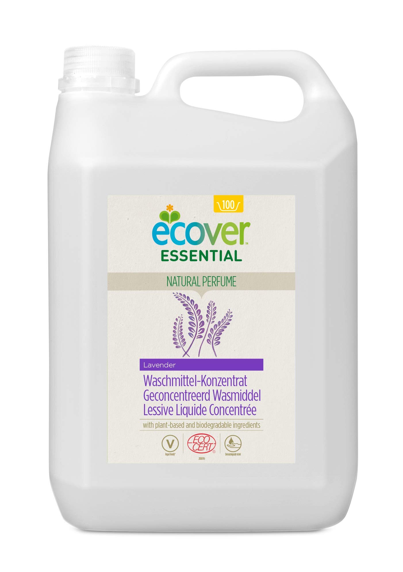 Ecover Detergente Líquido, Limpiador natural para la ropa, Detergente líquido ecológico para la ropa, perfume lavanda, 100 lavados, botella de 5 litros