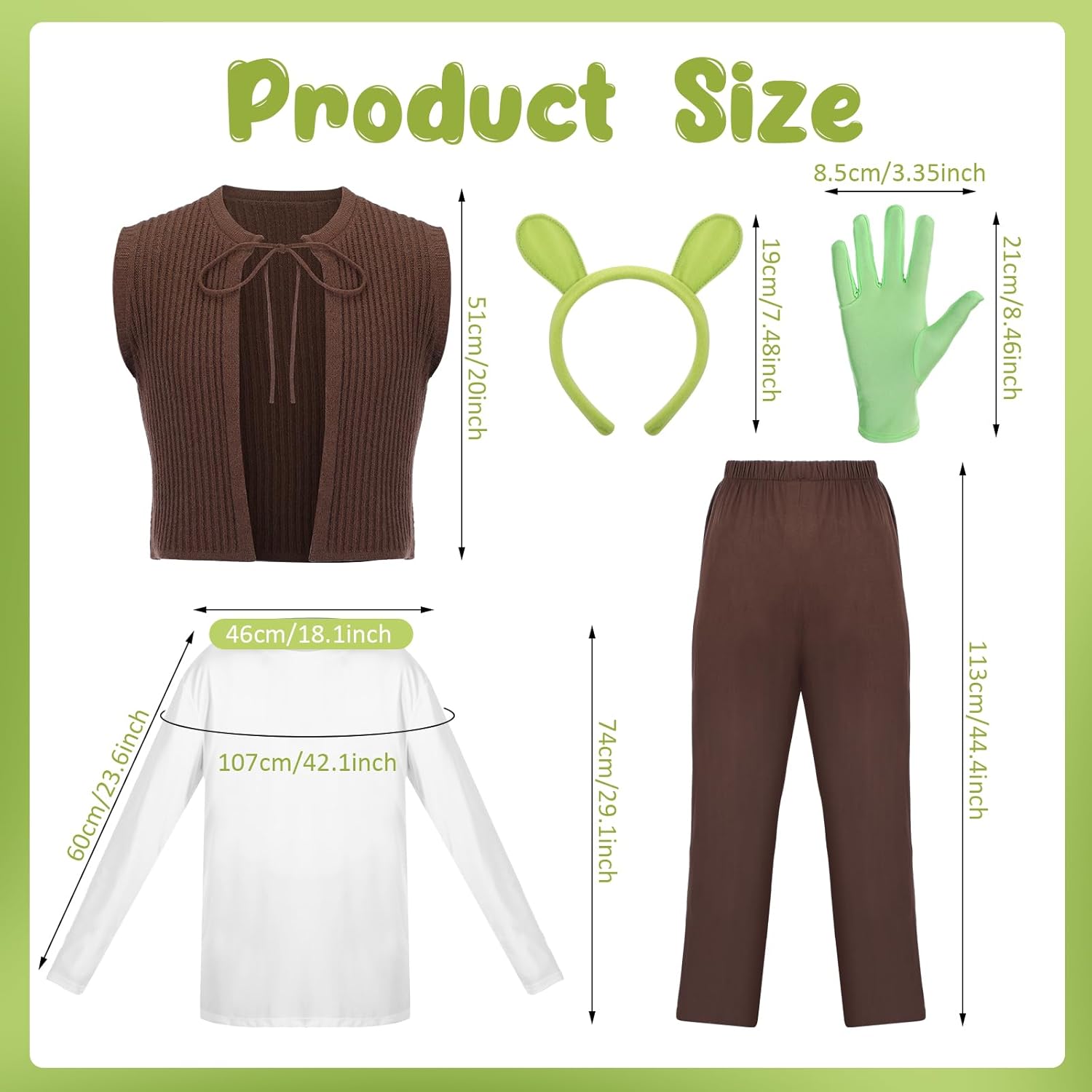 Mepase 5 Pcs Halloween Ogre Cosplay Outfit Long Sleeve Top Pants Brown Vest Gloves Ogre Ears for Halloween Cosplay Party Favor, XL - Image 2