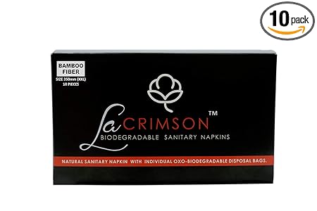 LA CRIMSON Sanitary Pad Extra Long with Oxo-Biodegradable Disposable Bags | Bamboo Fiber -350mm (Pack of 10, Overnight)