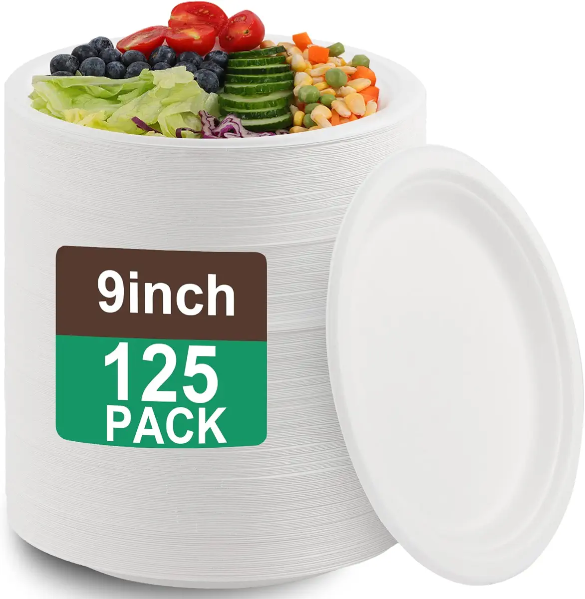COSBAY 125 Pack Paper Plates,9 Inch 100% Compostable Heavy-Duty Plates,Eco-Friendly Disposable Plates,Biodegradable White Bagasse Plate for Party Picnic Camping