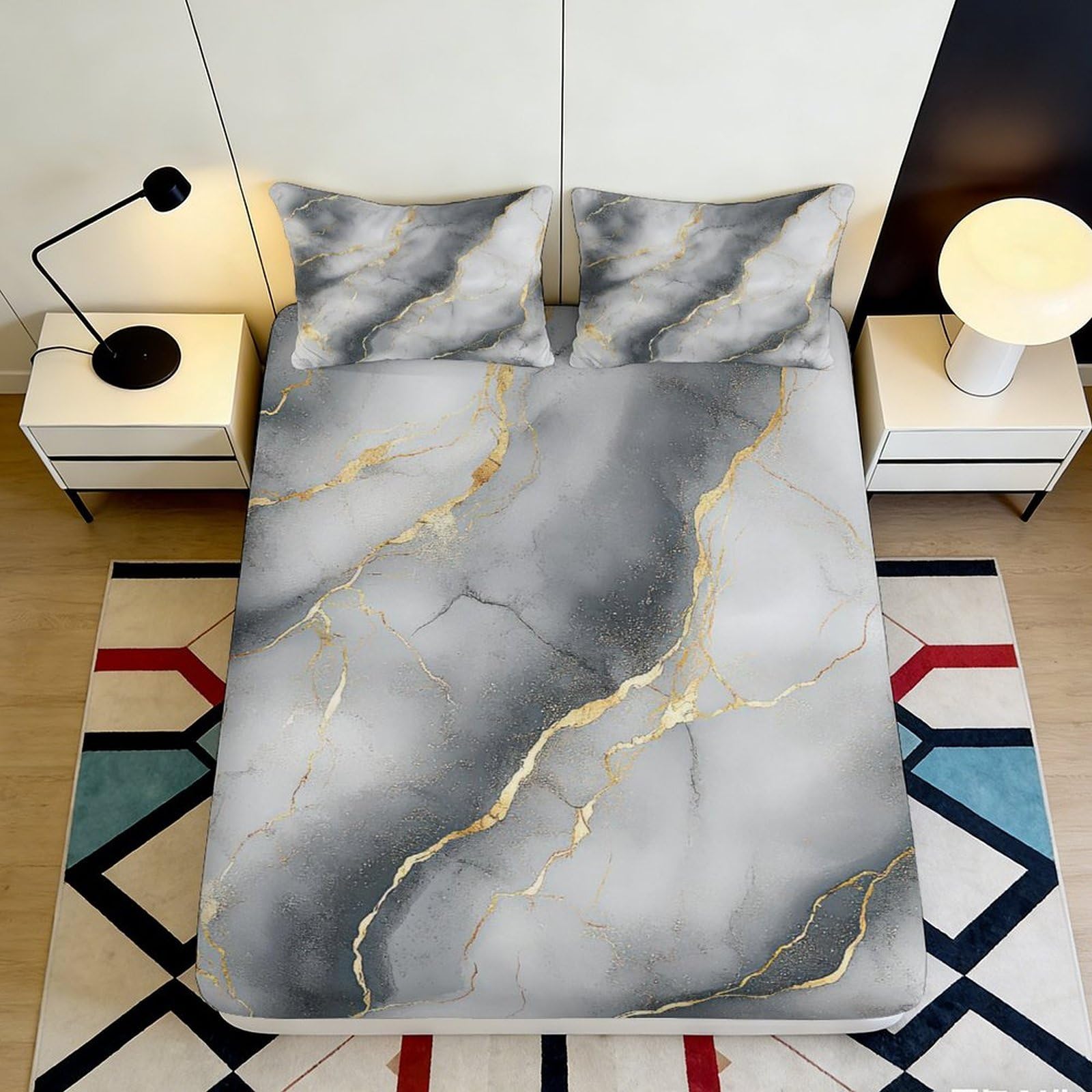 3D Printed Marble Gold Vein Fitted Sheet Microfiber Soft Bedroom Decor Abstract Mattress Cover for Home Dorm 90x200x25cm