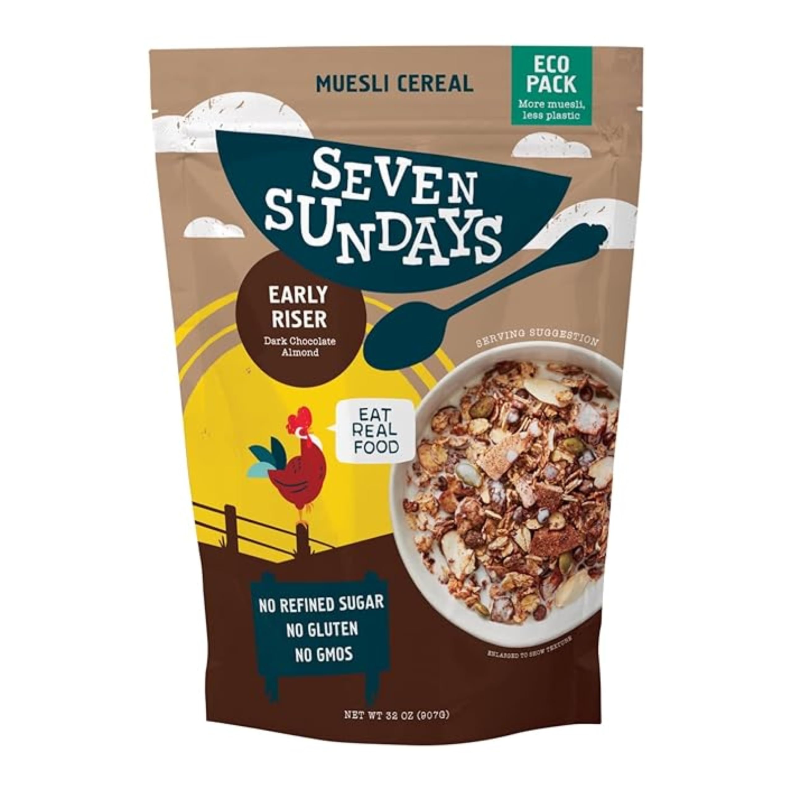 Seven SundaysMuesli Cereal, Early Riser Dark Chocolate Almond, 32 Oz Bag, Gluten Free, 0g Refined Sugar, Enjoy Warm, Cool or as Overnight Oats